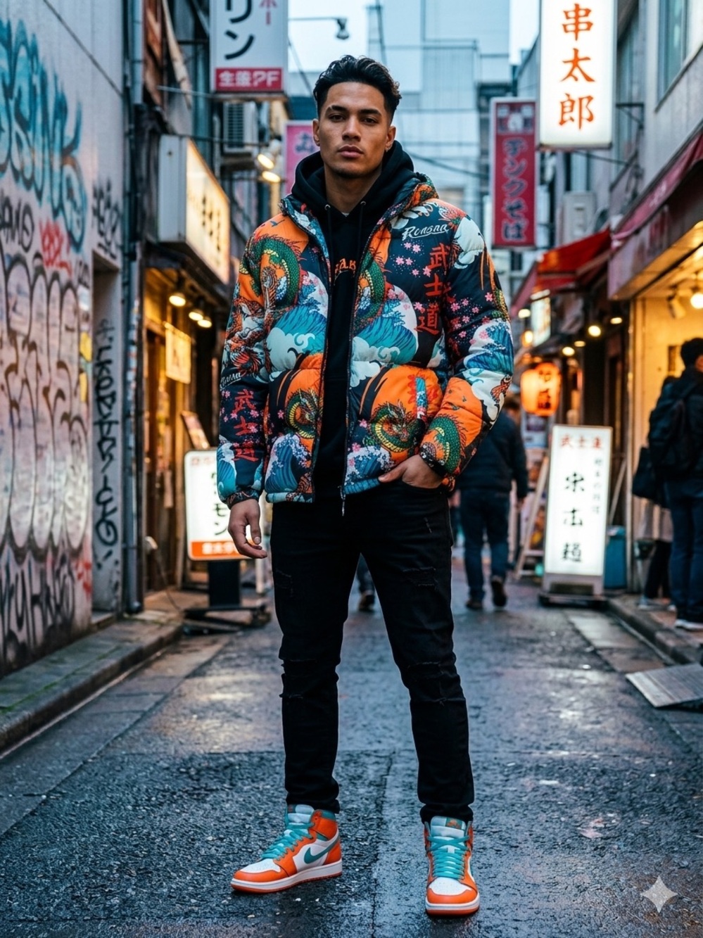 Reason Multicolor Graphic Puffer Jacket in Orange, Teal & Navy